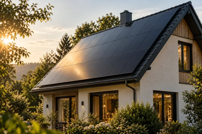 Einfamilienhaus mit schwarzer Solaranlage im Abendlicht